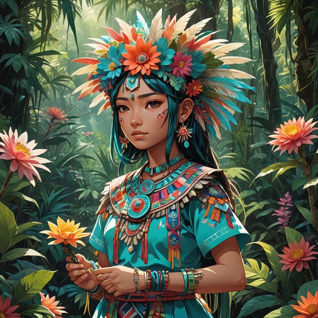 Aztec Girl in Jungle: Vibrant Anime Style
