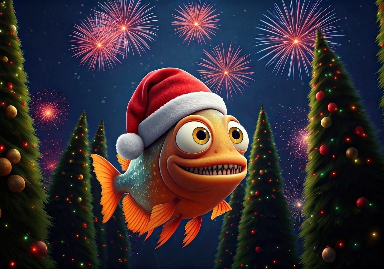 Stylized Piranha Celebrates Christmas in Vibrant Festive Sce...