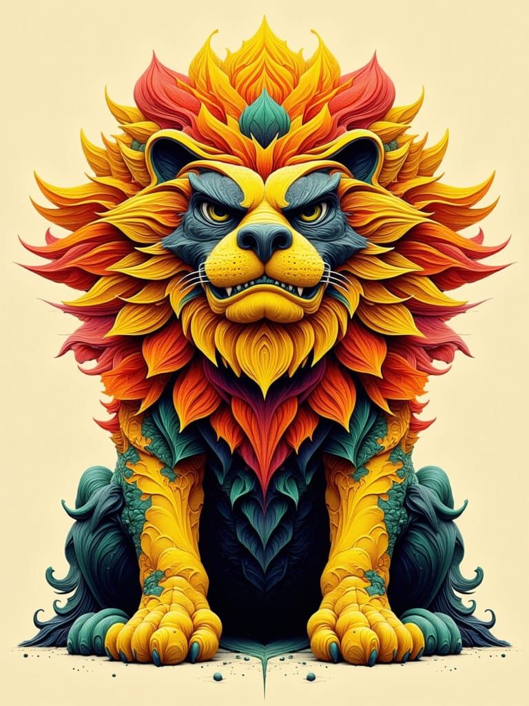 Sacred Ceremonial Lion Totem in Geometric Style