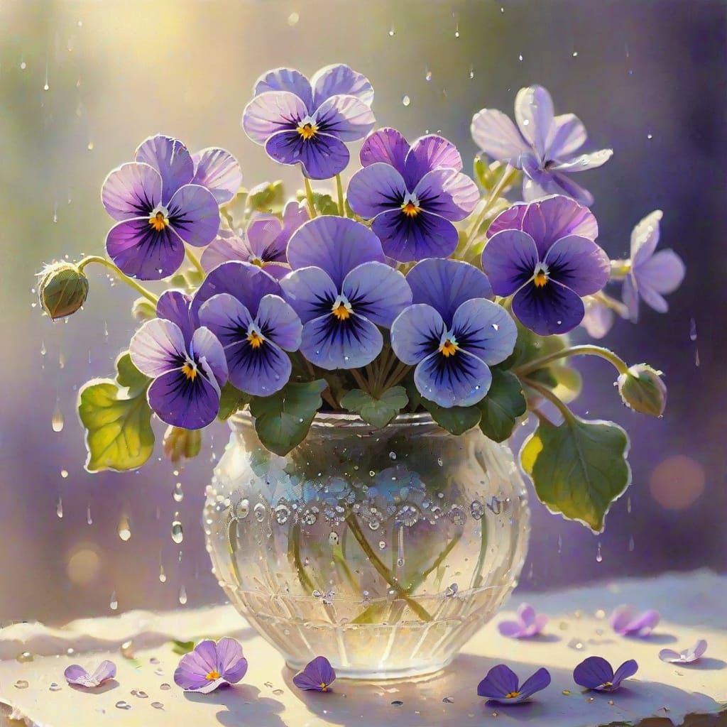 Impressionist Violets in Crystal Vase with Dew