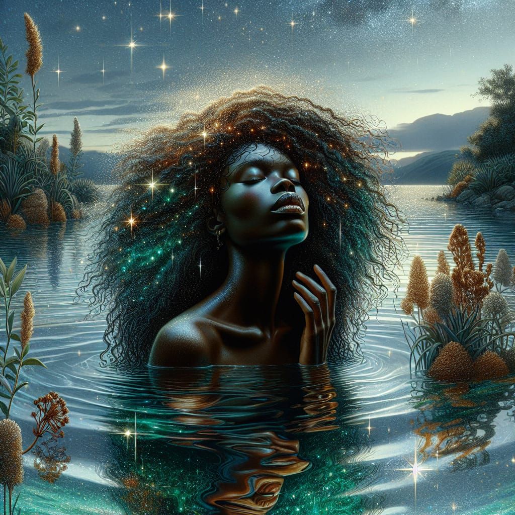 Black Woman Bathing in Lake Under Starry Night