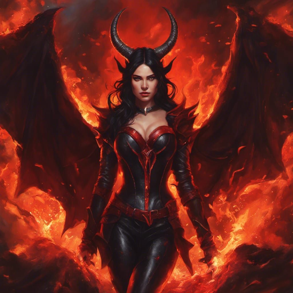 Attractive Red Devil Woman in Fire Pit Portrait