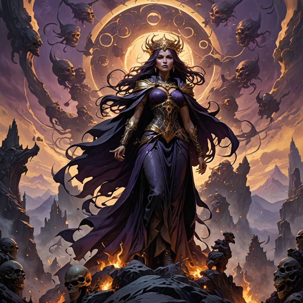 Sorceress on Skull Mountain in Dark Fantasy Art