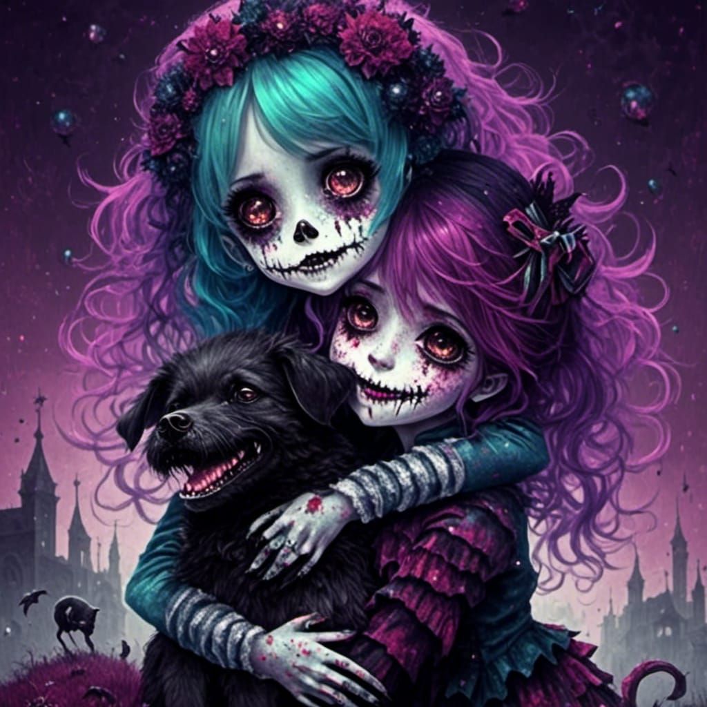 Happy Zombie Girl Hugging Puppy in Glitter Gore
