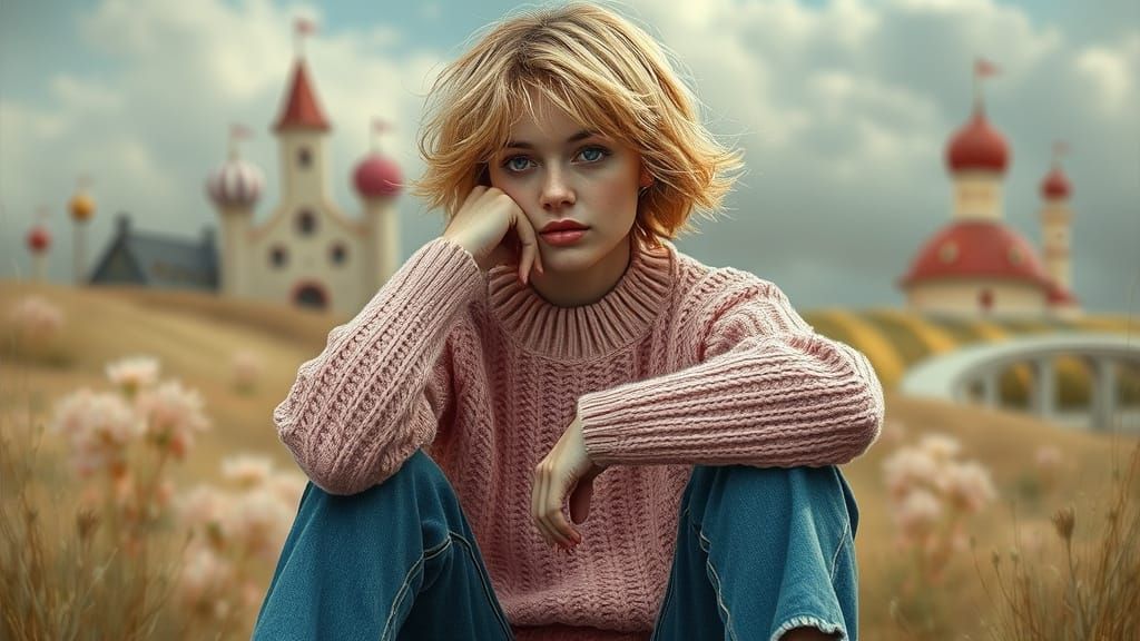 Contemplative Blonde Woman in Whimsical Fantasy Background