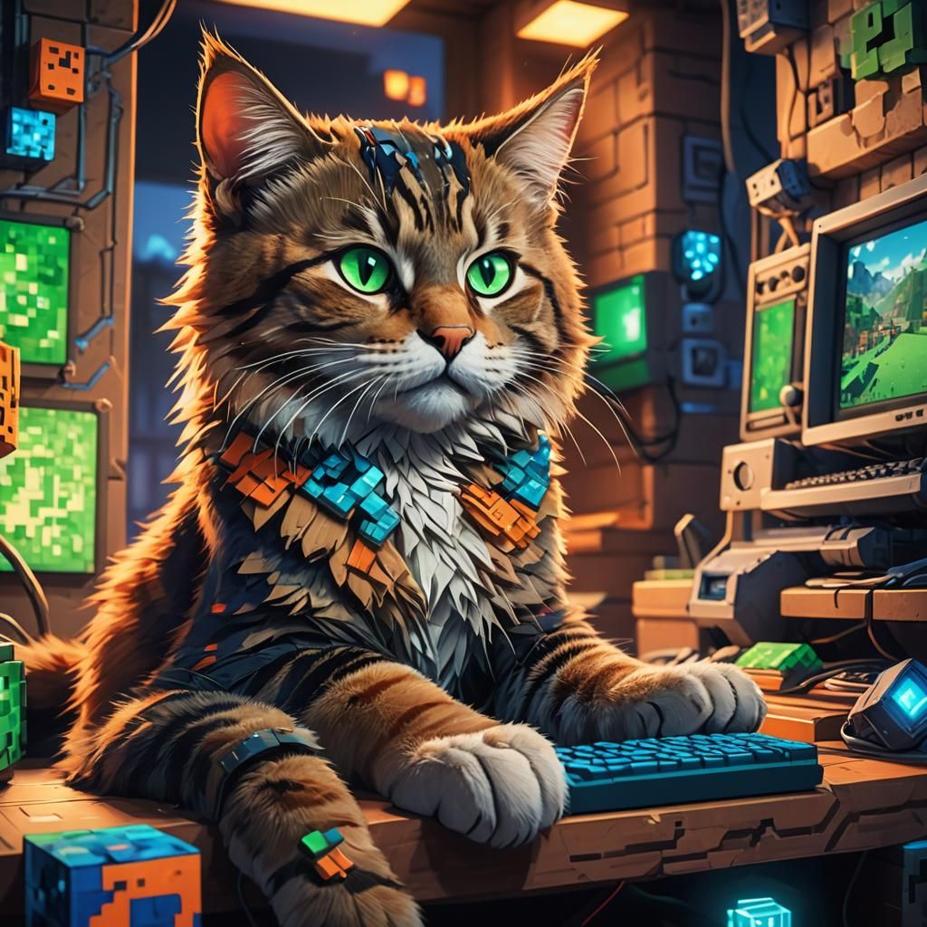 Cat Gamer Playing Minecraft: Fantasy Concept Art