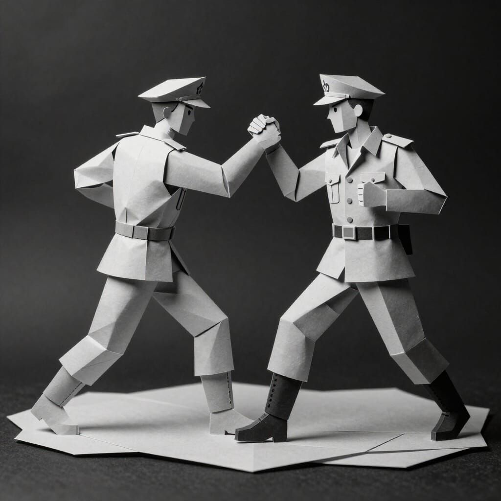 Men Fighting in Surreal Folded Paper Art Style