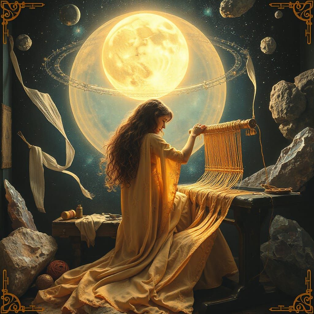 Celestial Seamstress Weaving Starlight Tapestries in Art Nou...