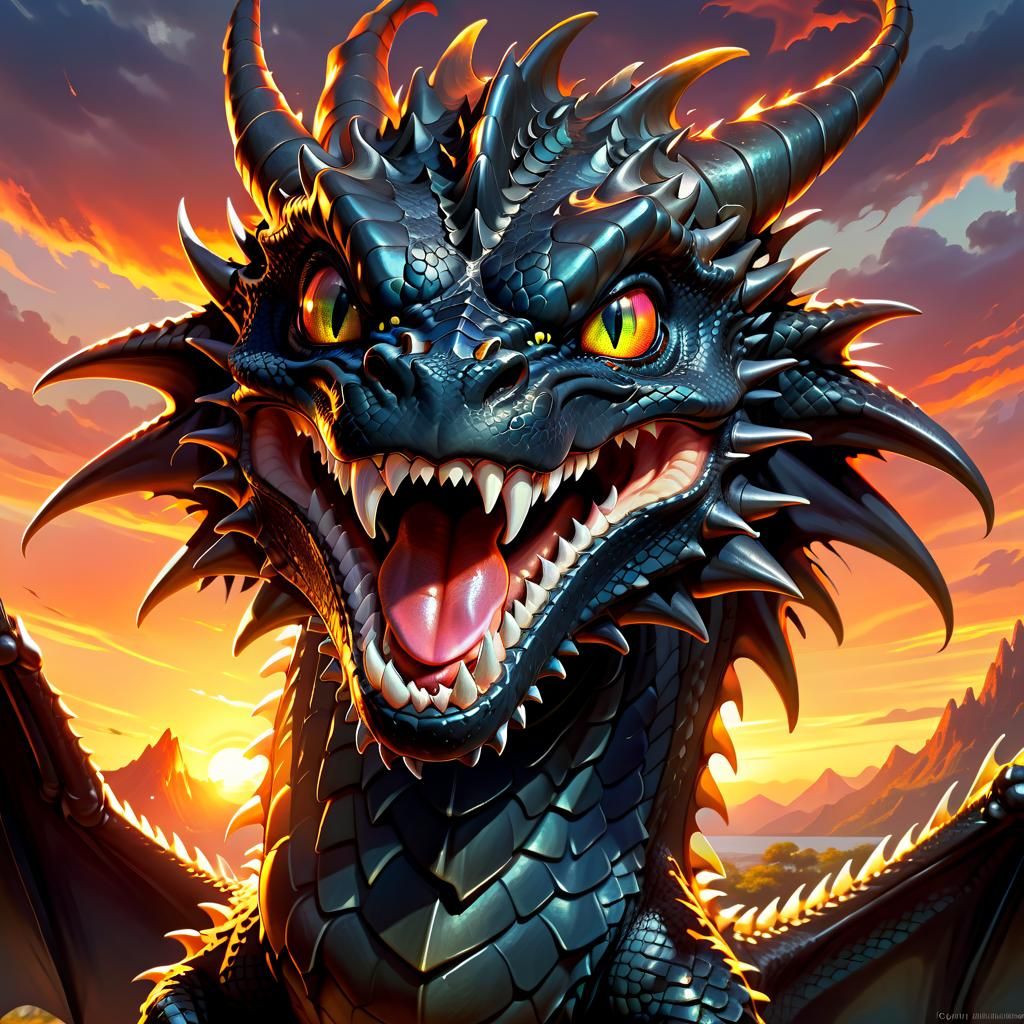 Mythical Black Dragon Portrait in Anime Style