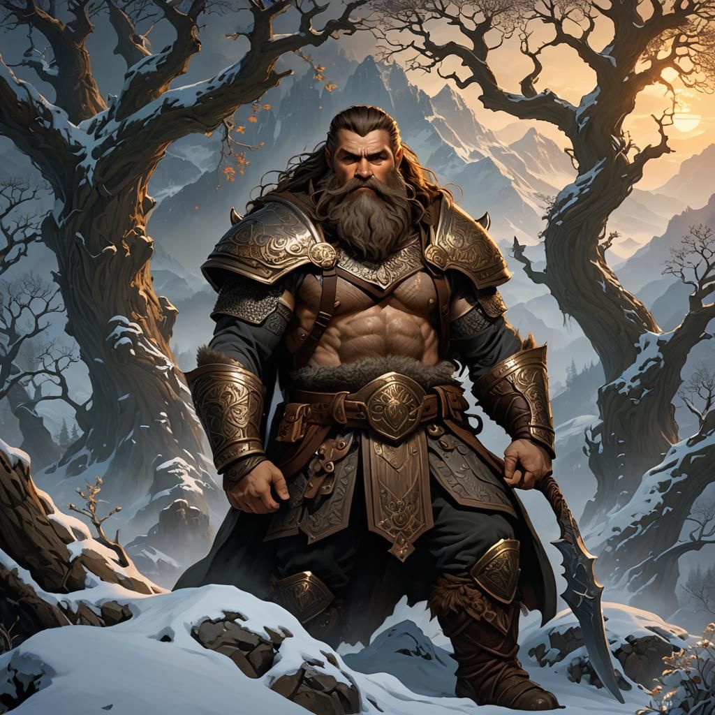 Dwarven Warrior in Mountain Landscape, Cinematic Lighting