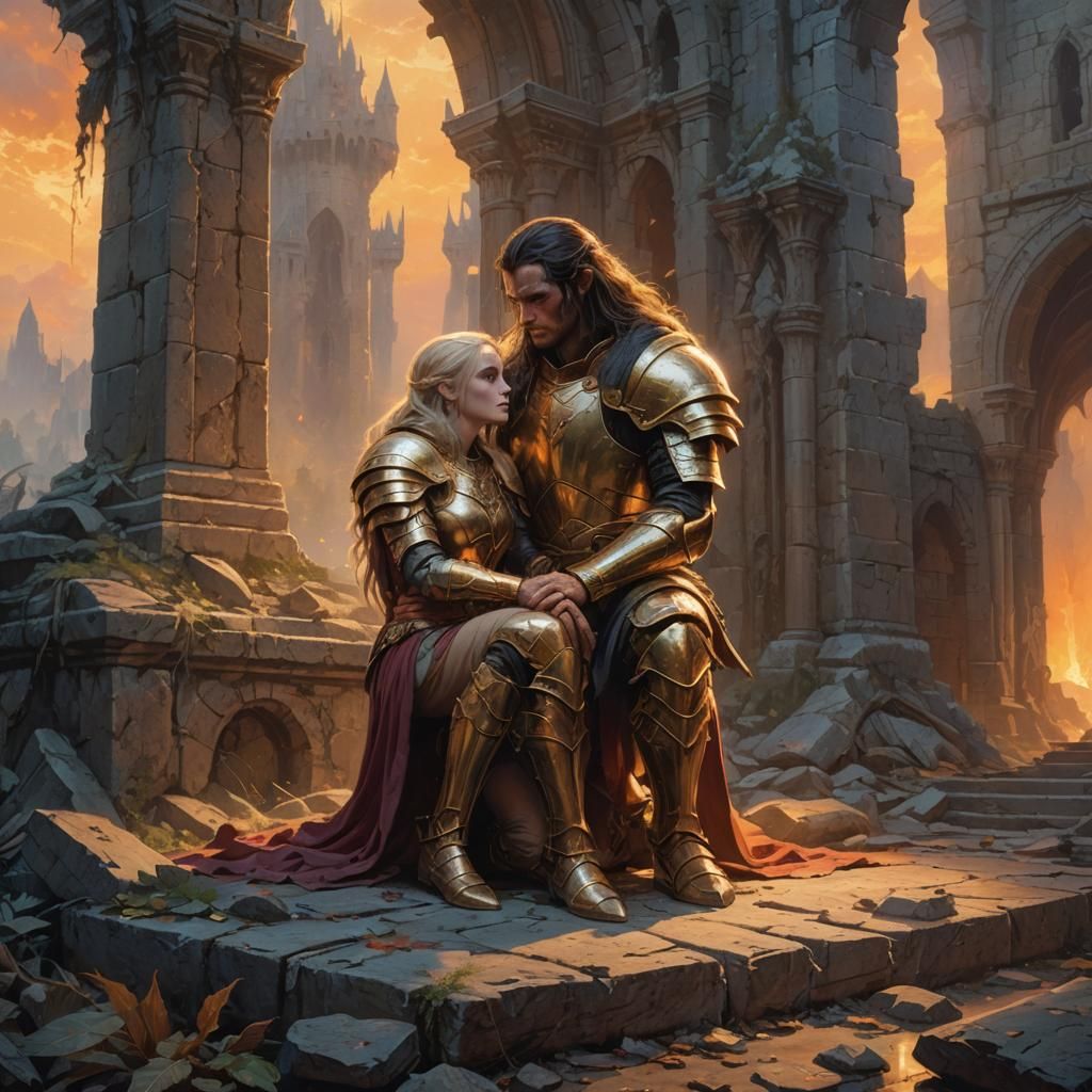 Warrior and Fallen Elf in Fantasy Castle Ruins