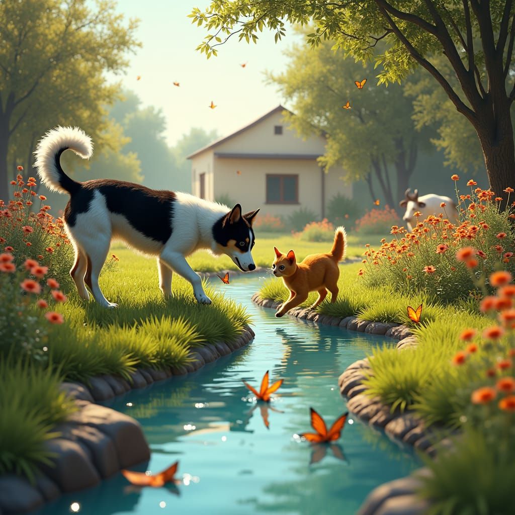 Uzbekistan Village Scene: Dog, Cat, and Rural Idyll