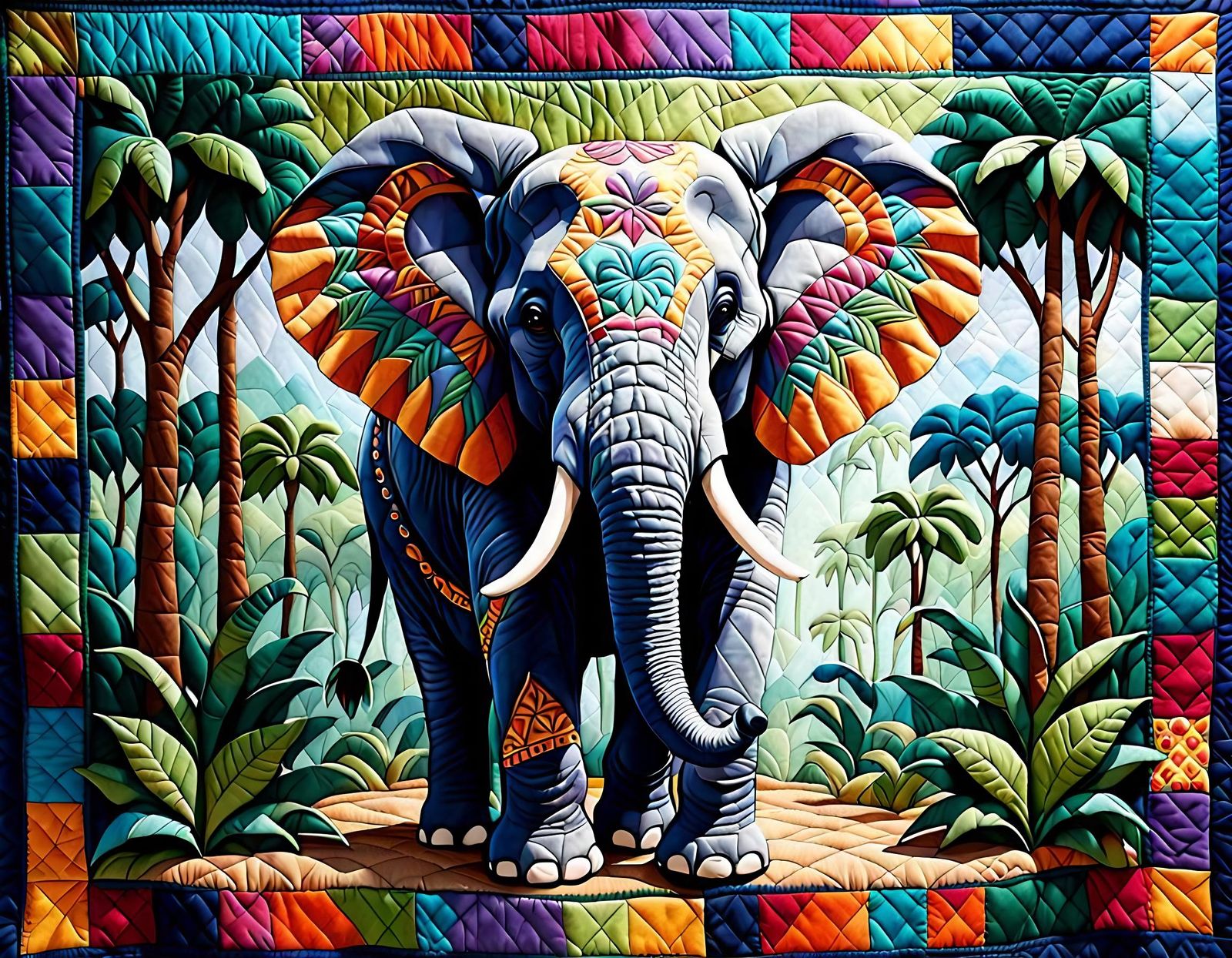 Quilted Elephant Scene in Folk Art Style