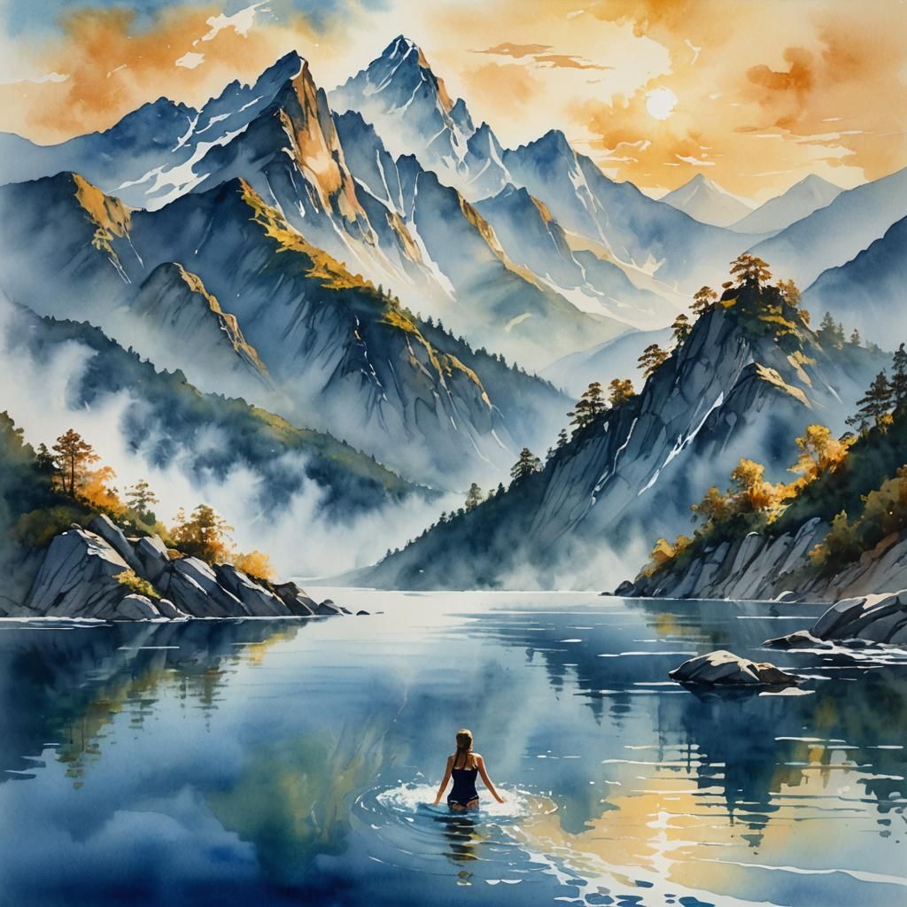 Watercolor Mountain Swim: Majestic Fantasy Art