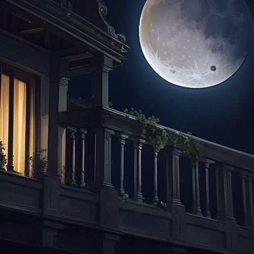 Moonlit Balcony in Dreamy Watercolor Style