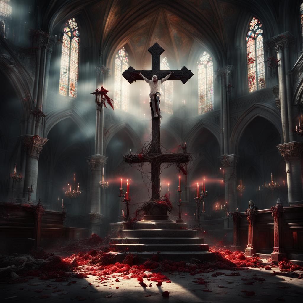 Vampire Under Broken Cross with Angels