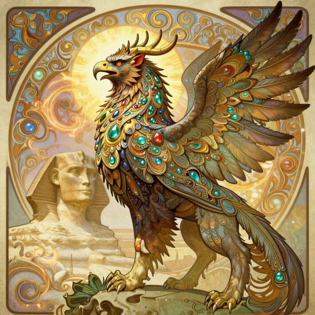 Majestic Griffin Overlooking Sphinx in Fantasy Concept Art S...