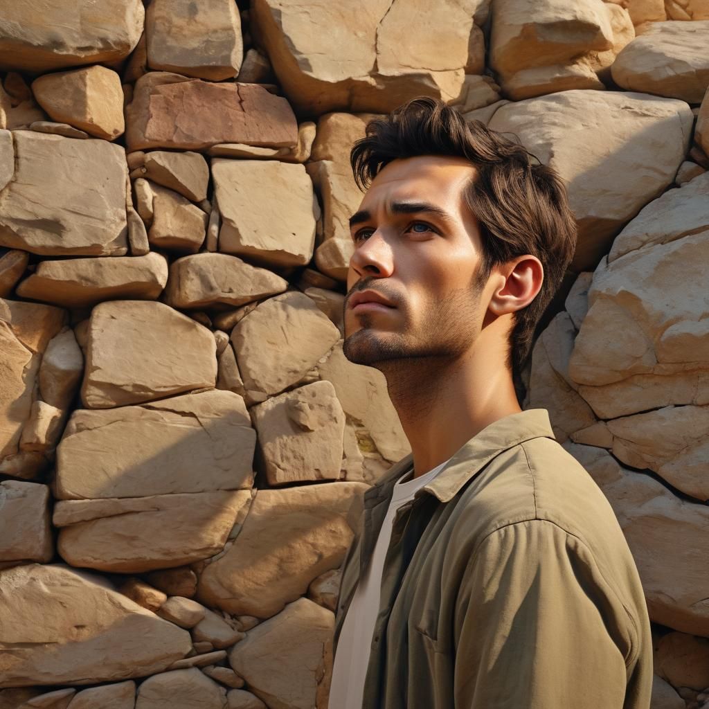 Conflicted Man Before Ancient Wall in Hyperrealism