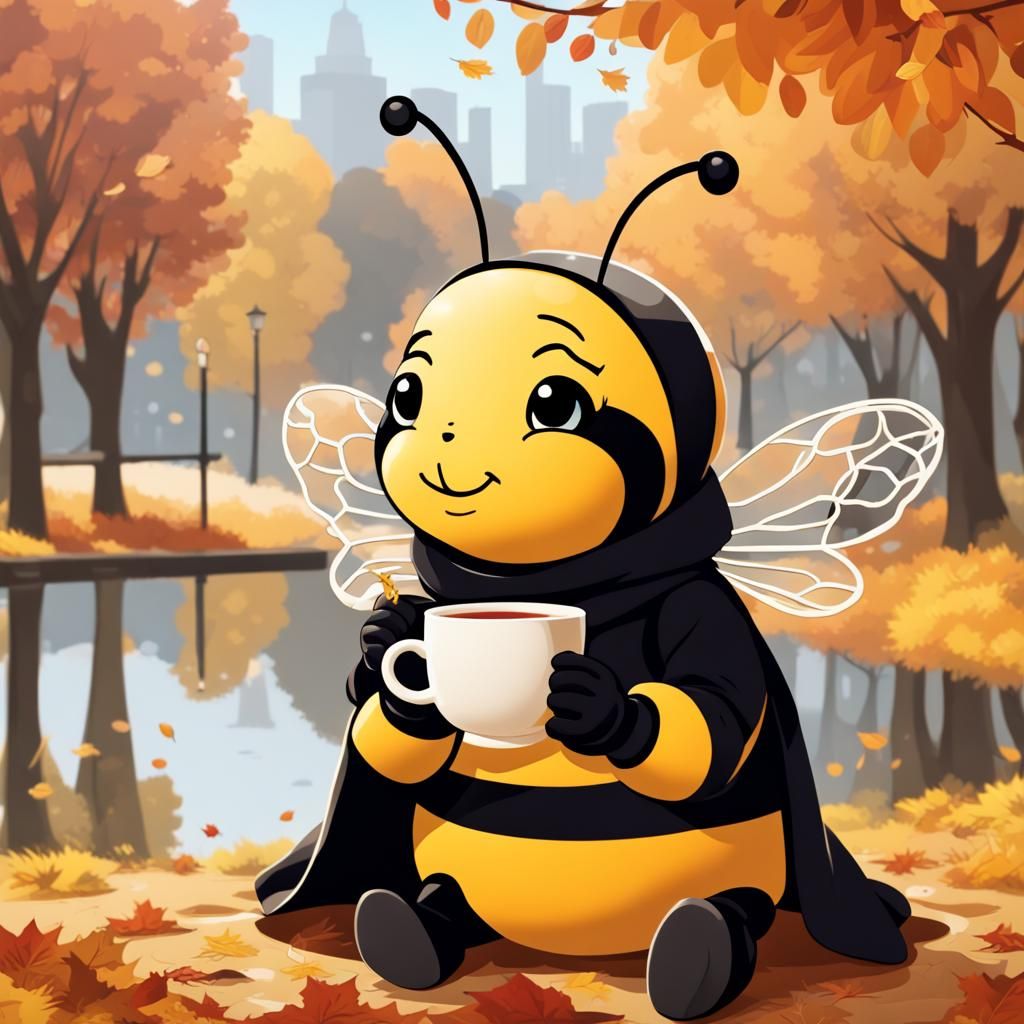 Cute Bee in Lace Drinking Tea, Comic Art