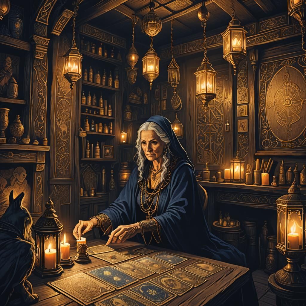 Mystical Fortune Teller in Dimly Lit Tavern