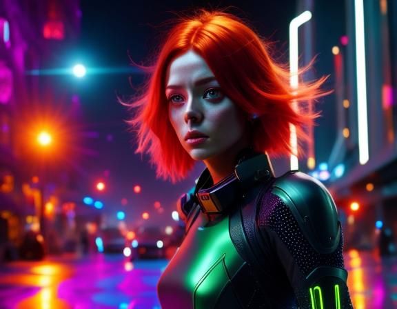 Neon-lit Cyberpunk Warrior in Futuristic City