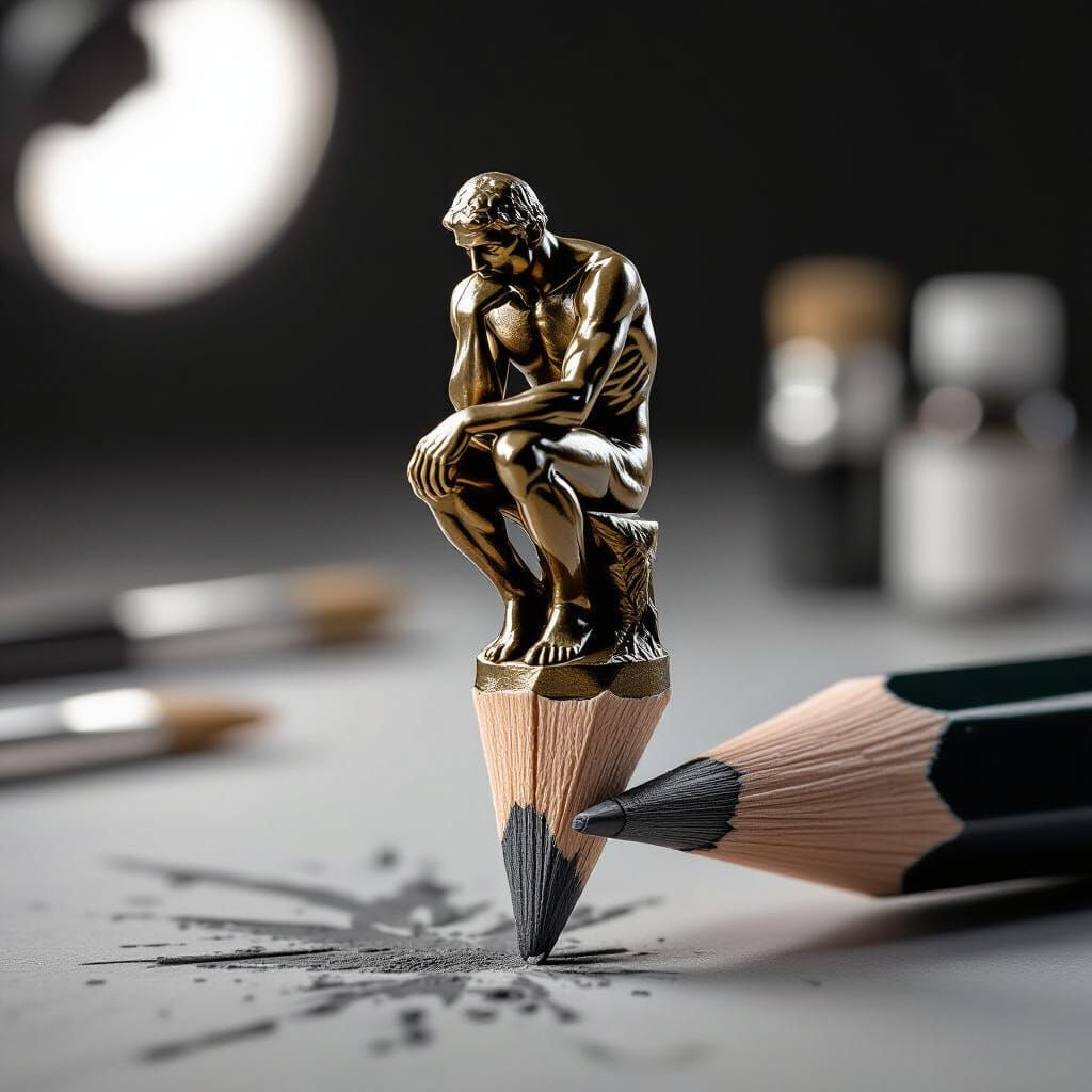 Tiny Bronze Thinker Sculpture on Pencil Tip