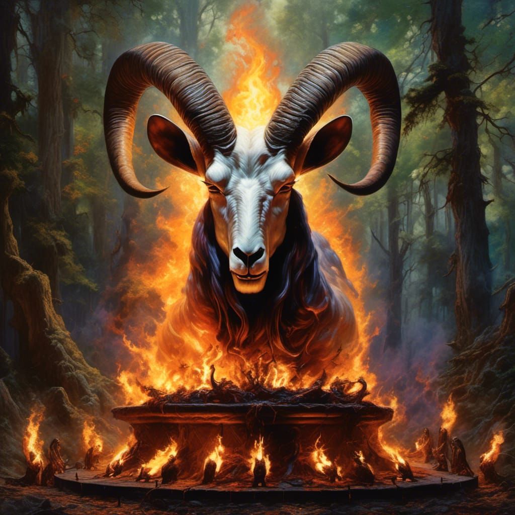 Baphomet, the skull of a giant goat, mounted over an alter o...