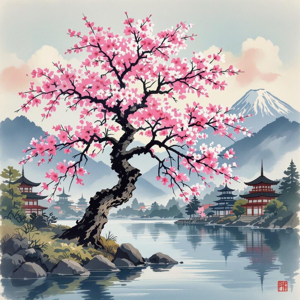 Sakura Tree by Lake with Japanese Temples