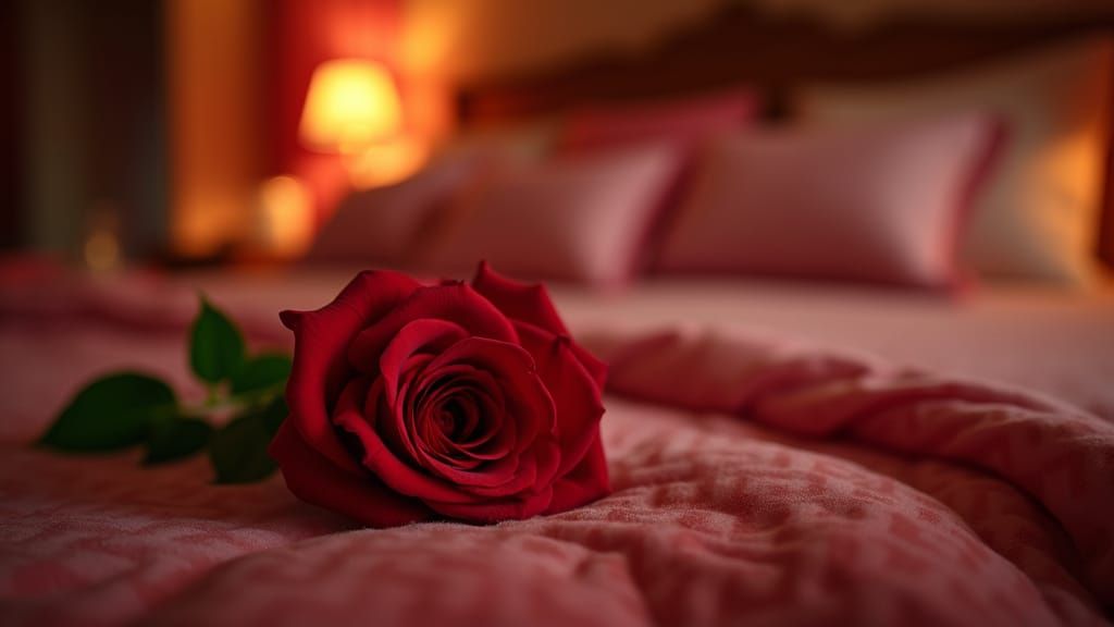 Romantic Candlelit Rose on Luxurious Bed