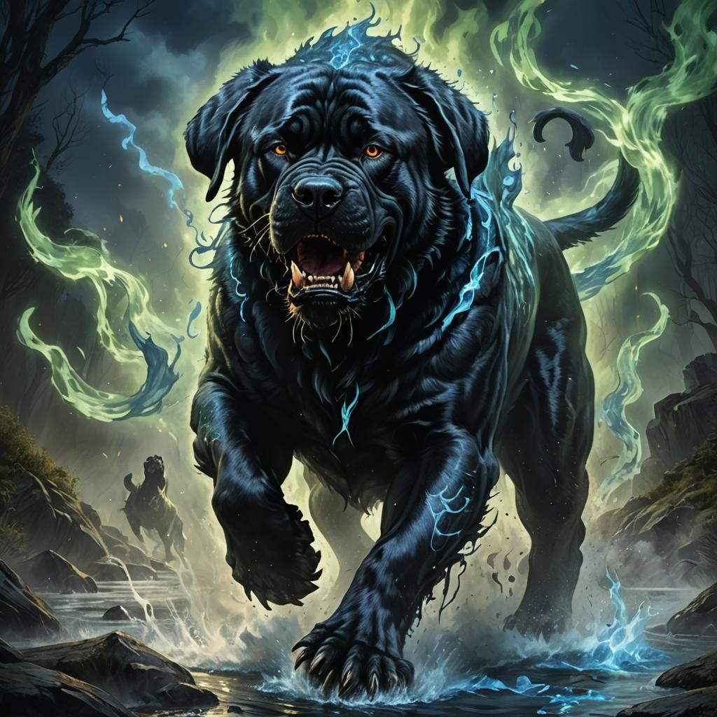 Ferocious Hound with Blue Fire in Dark Fantasy Style
