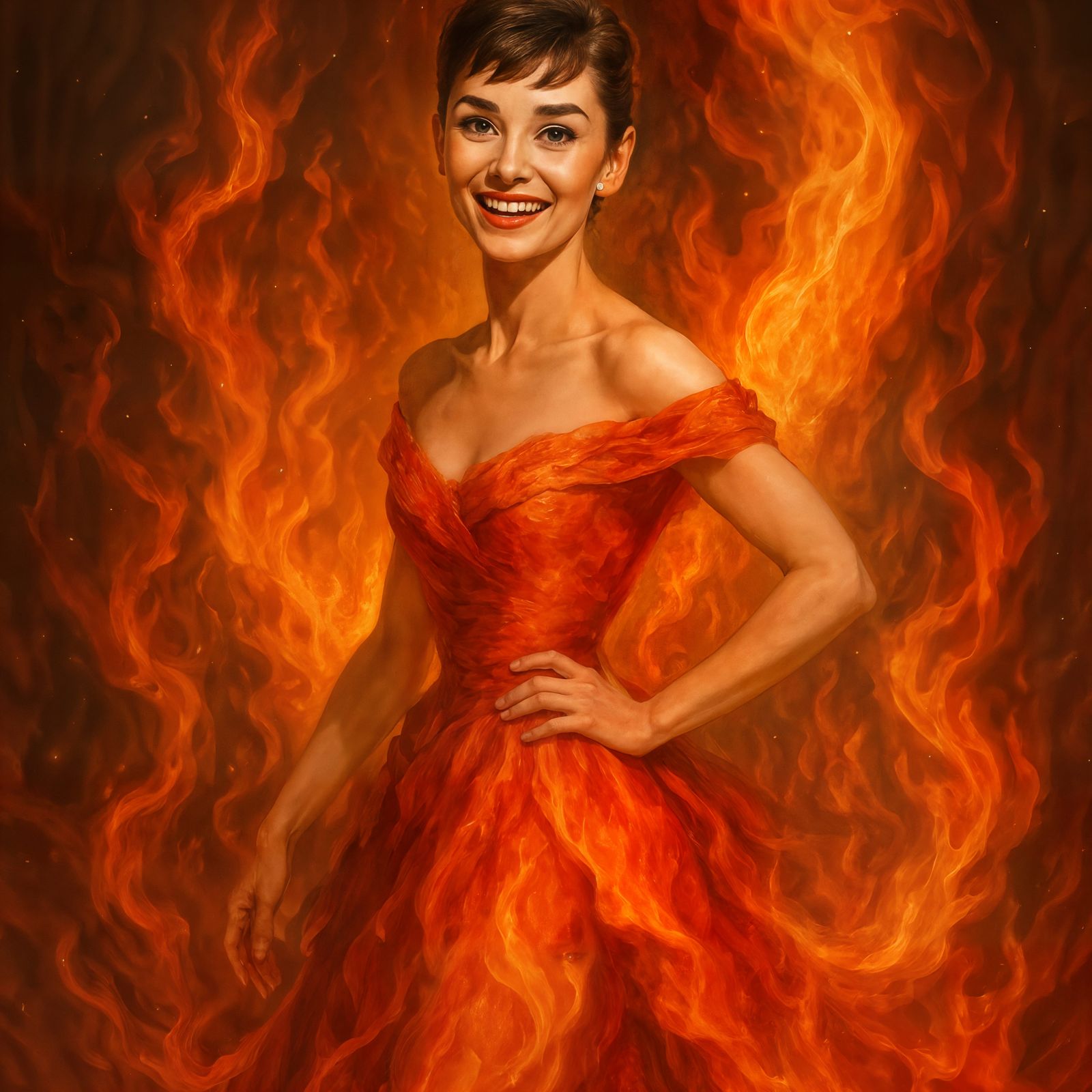 Audrey Hepburn in Fiery Red and Orange Flame Dress