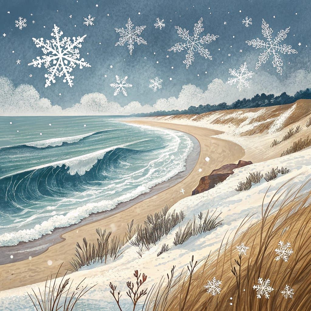 Winter covering a beach on Cape Cod, icy waves, snow-covered sand. Gouache, impasto, diffuse light.
