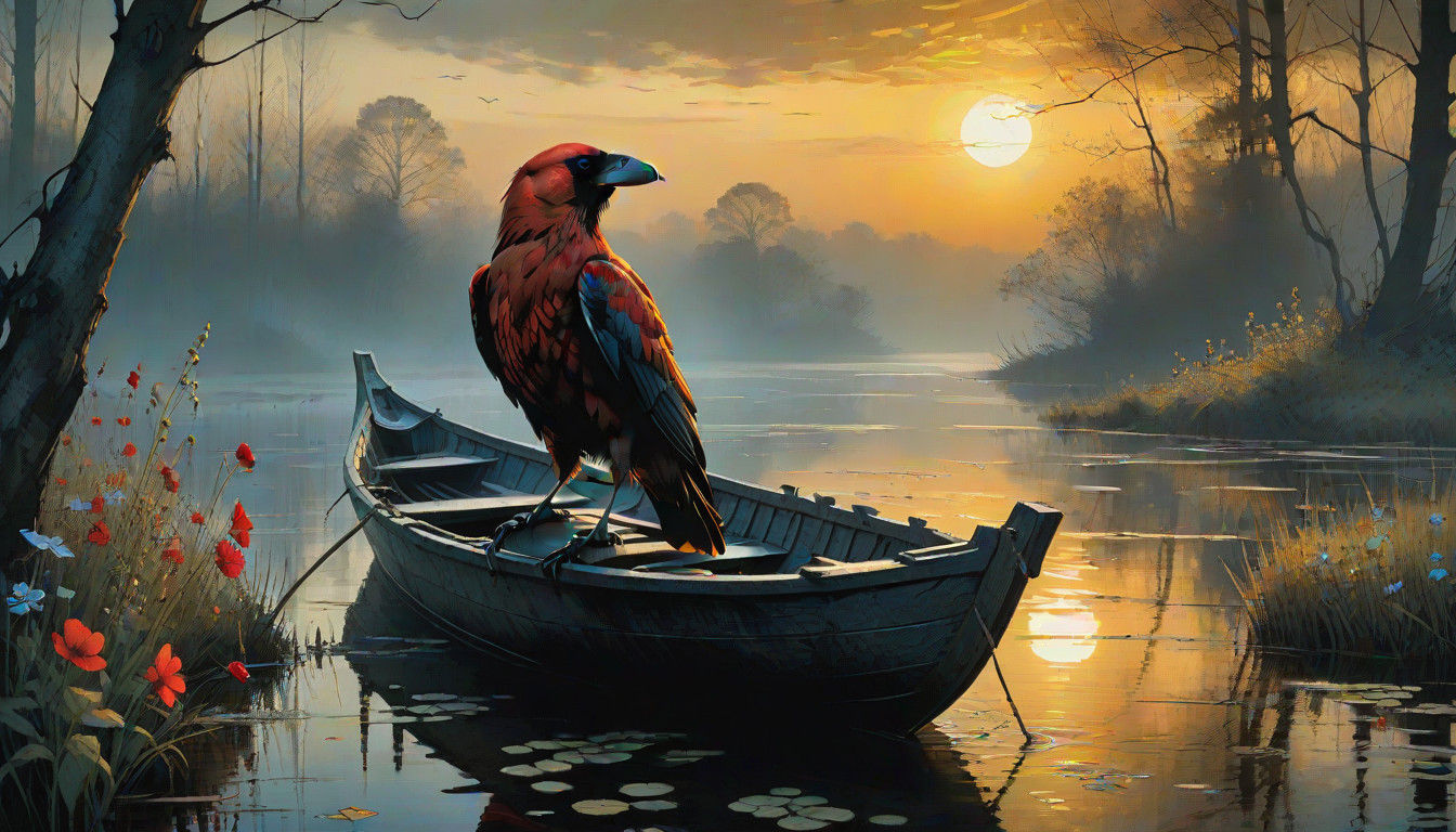 Mystical Red Raven Amidst Swampy Wildflowers at Sunset