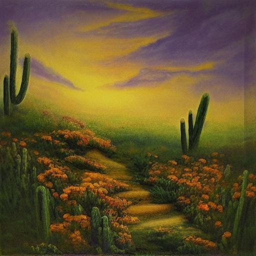 A landscape scene in the style of surrealism or impressionism, or attempt to blend elements of both, with a focus on war...