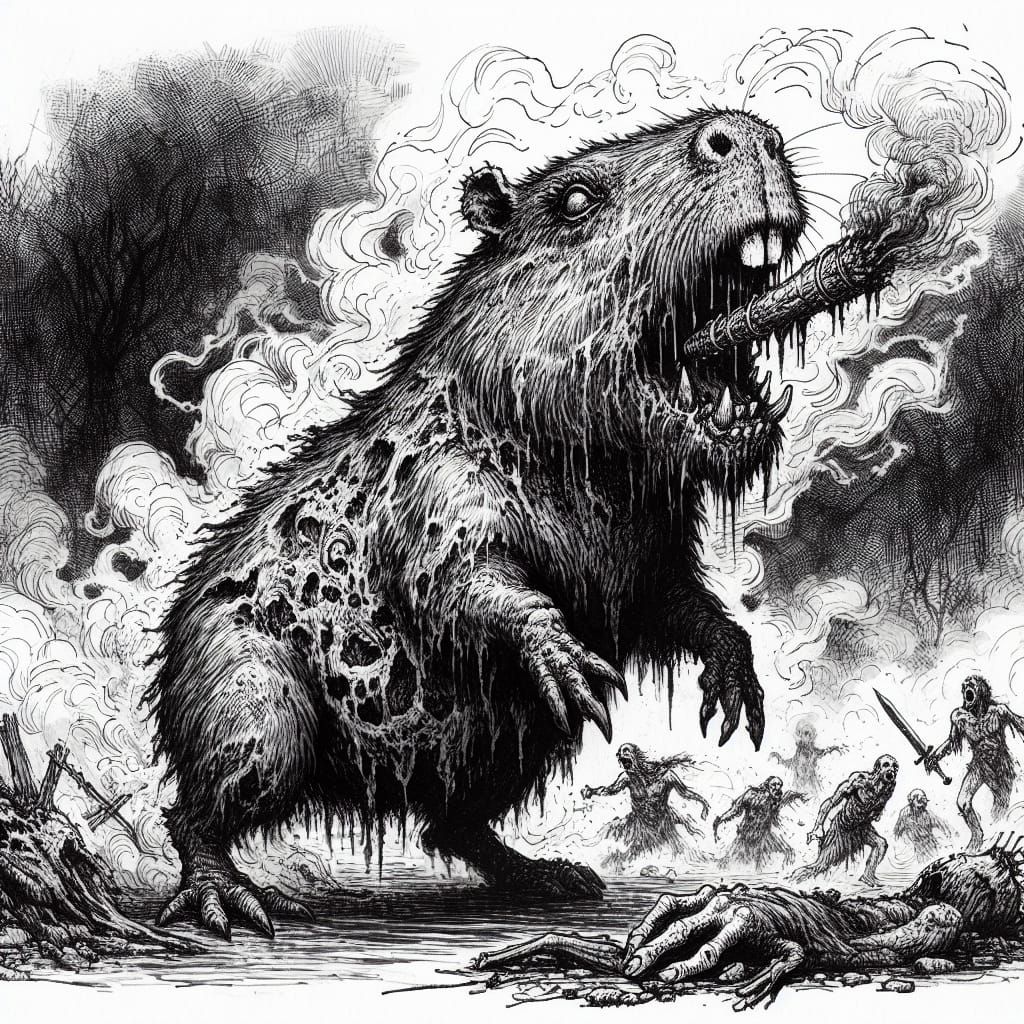 Zombie Capybara Paladin Attacks Village in Dark Fantasy Art