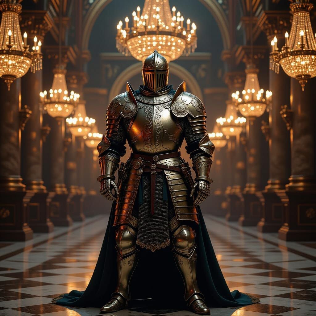 Knight in Armor Made of Coins in Opulent Hall