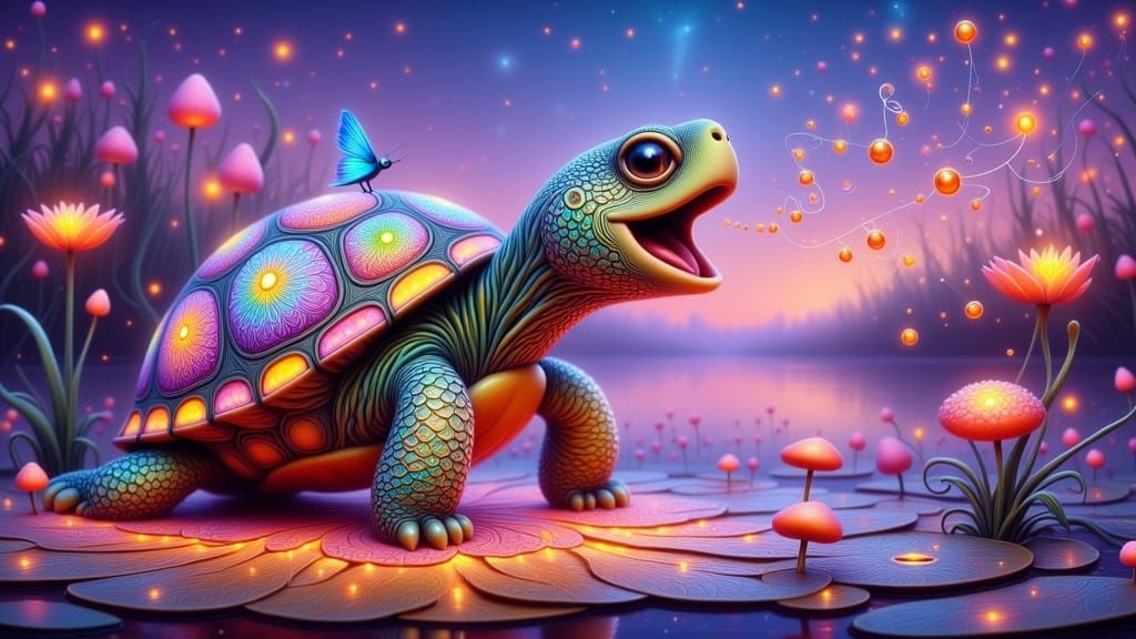 Singing Turtle on Lily Pad in Ghibli Style