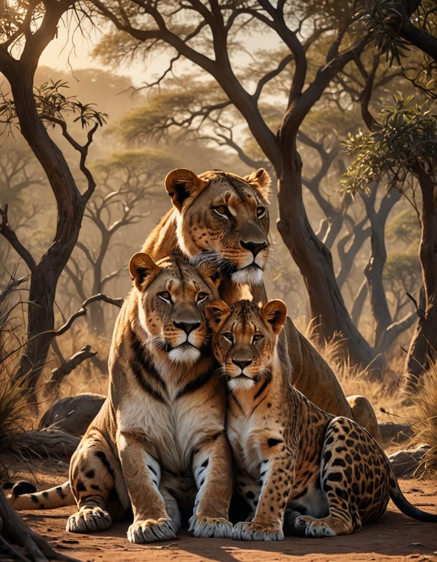 Hyperrealistic Lions in African Sunrise