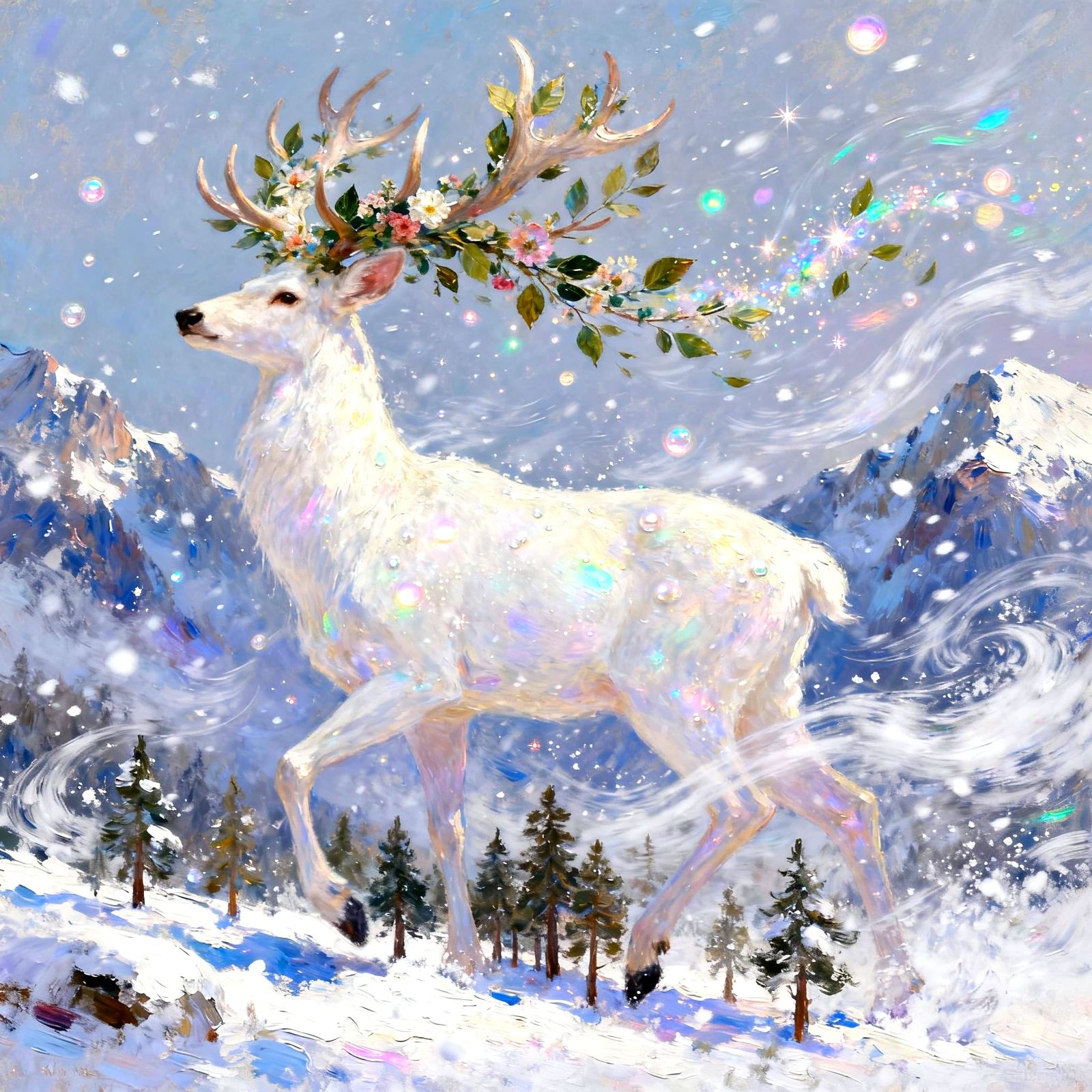 Gigantic White Stag in Snowy Forest Impressionist Painting