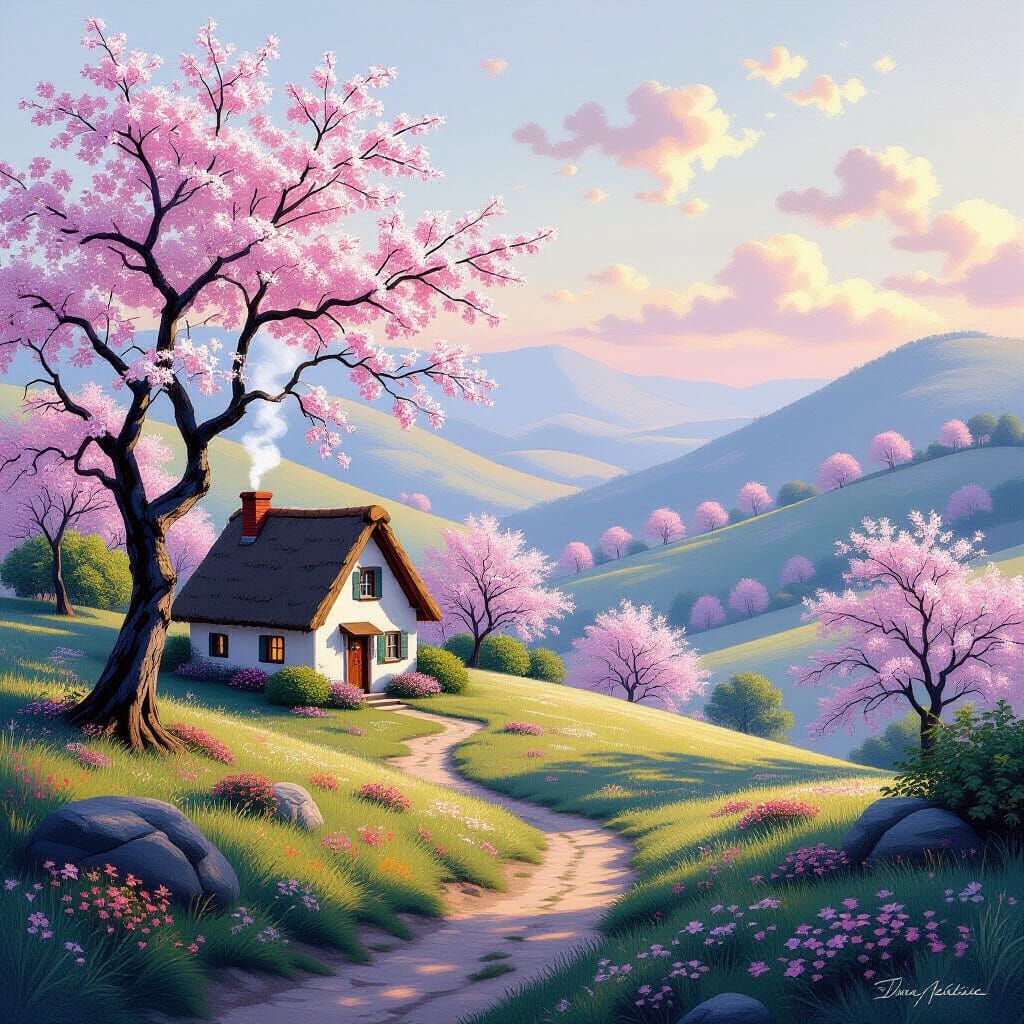 Serene Blossom Hills Cottage in Ethereal Light