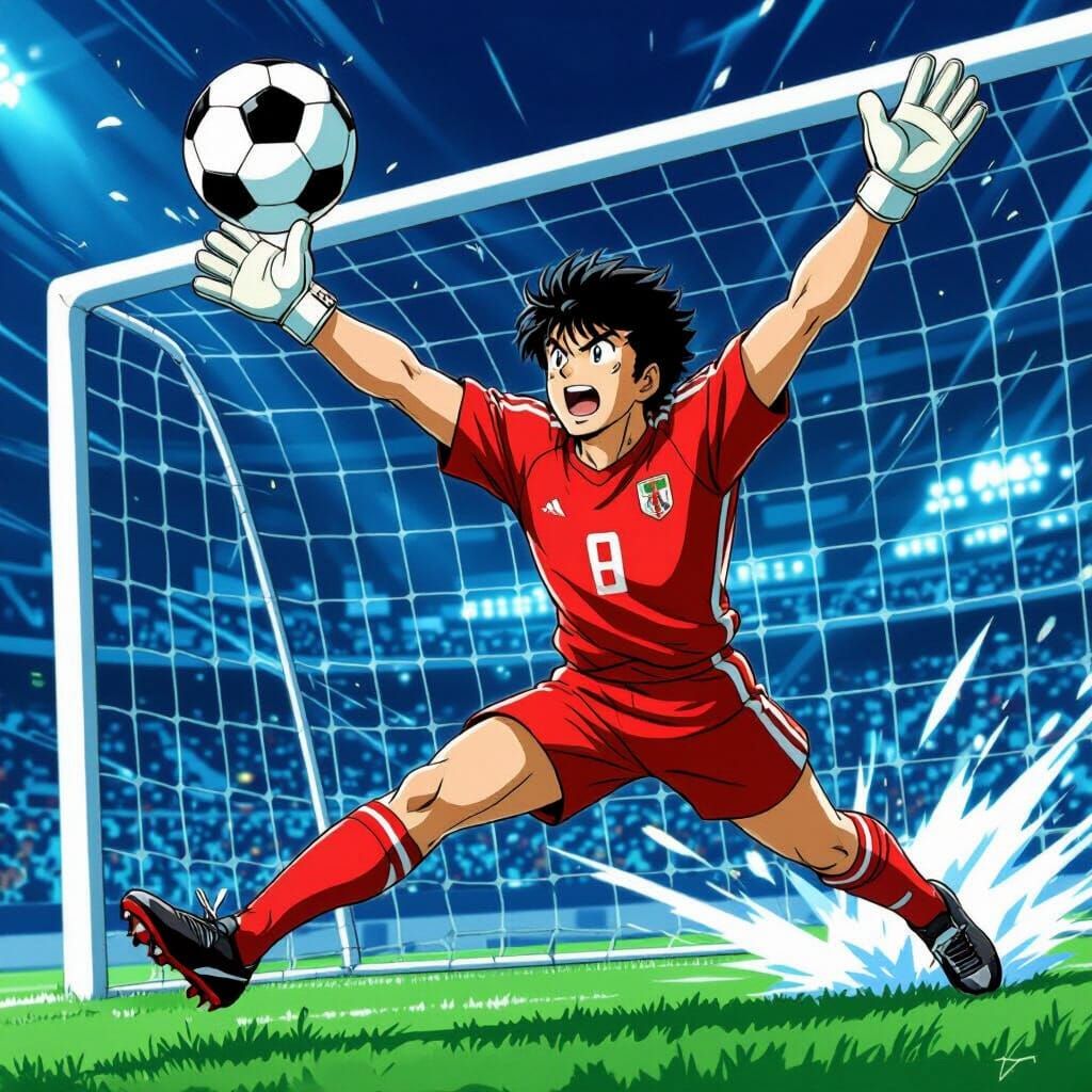Heroic Goalkeeper Save in Captain Tsubasa Anime Style