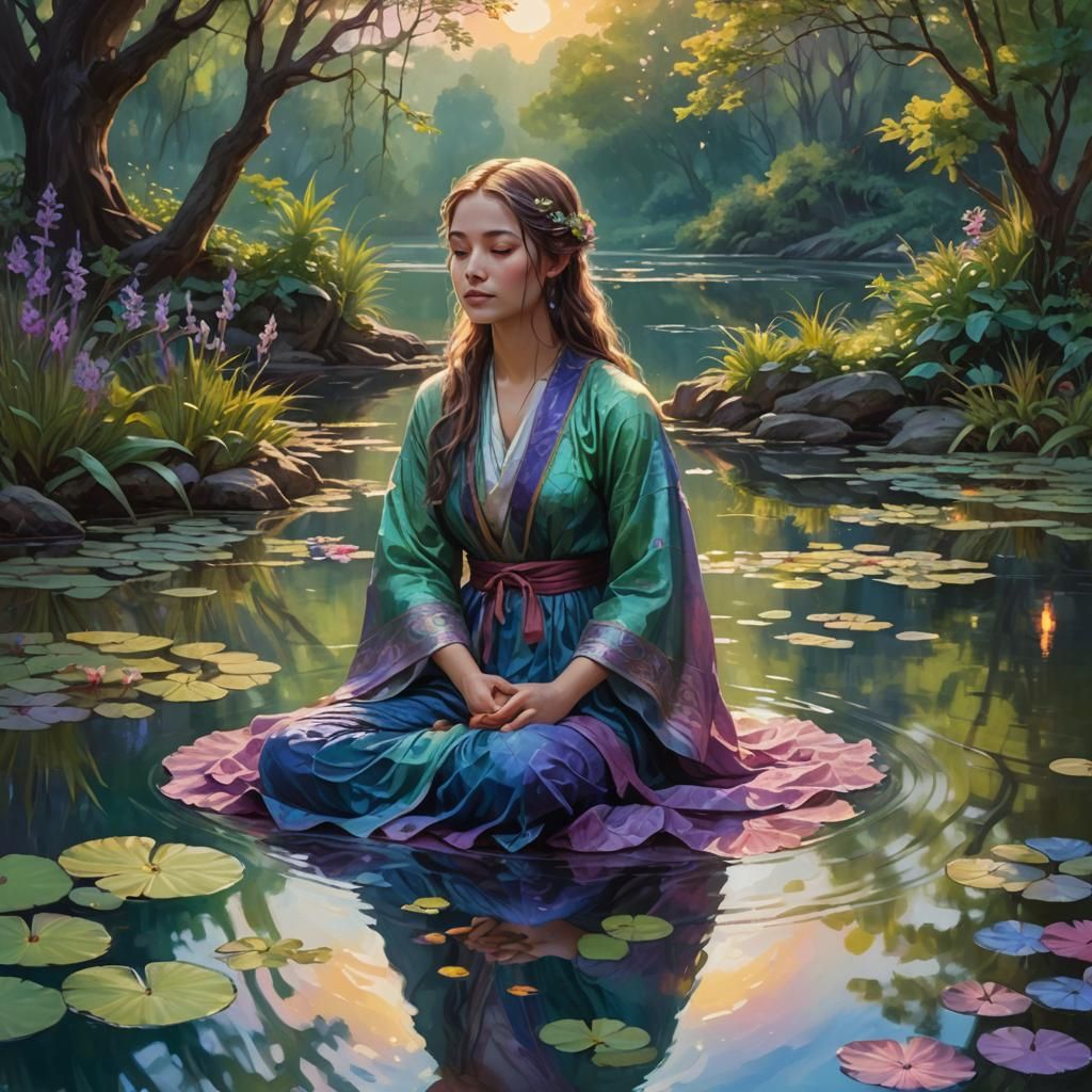 Maiden Meditating by Pond: Fantasy Oil Painting