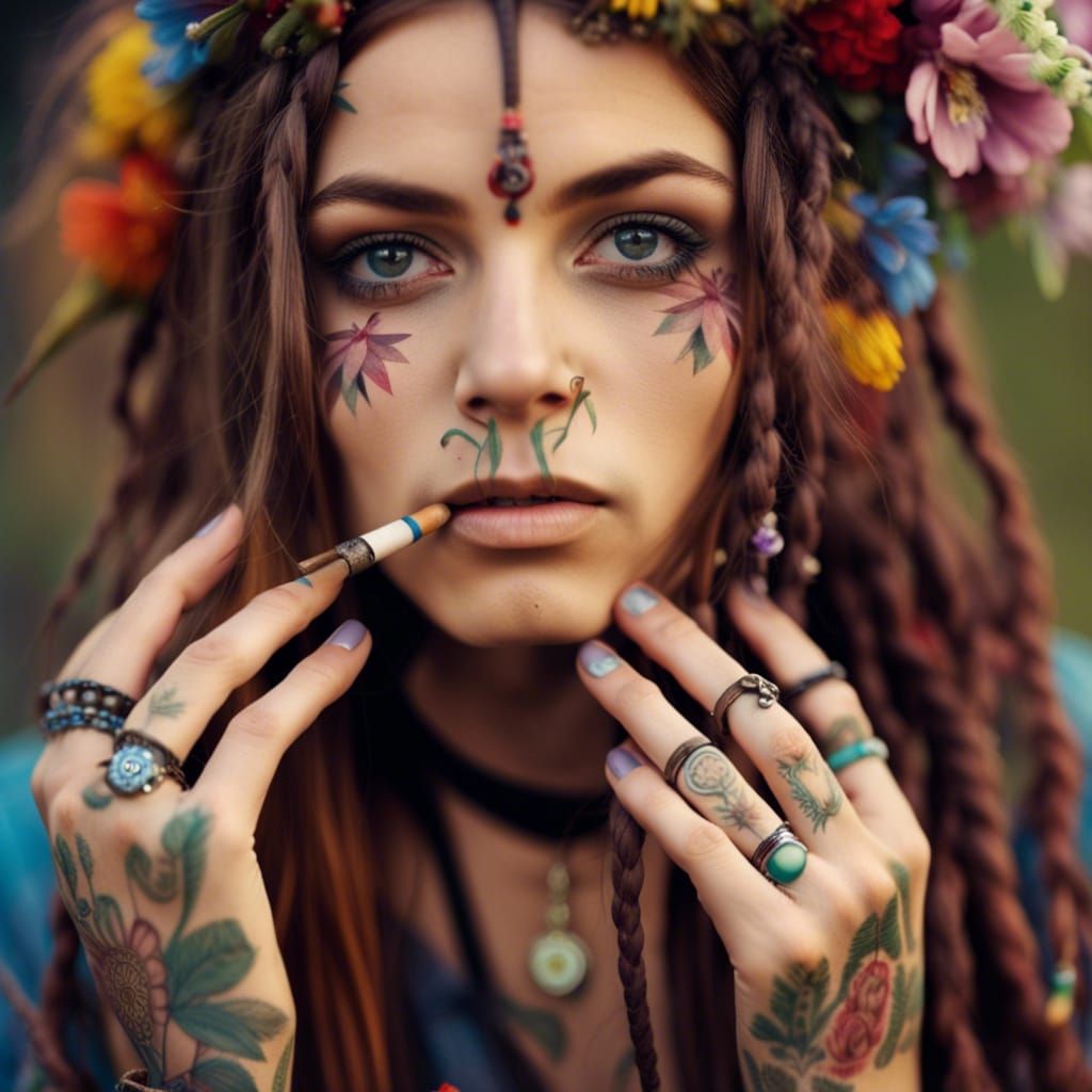 Hippy Girl Smoking with Facial Tattoos and Flowers