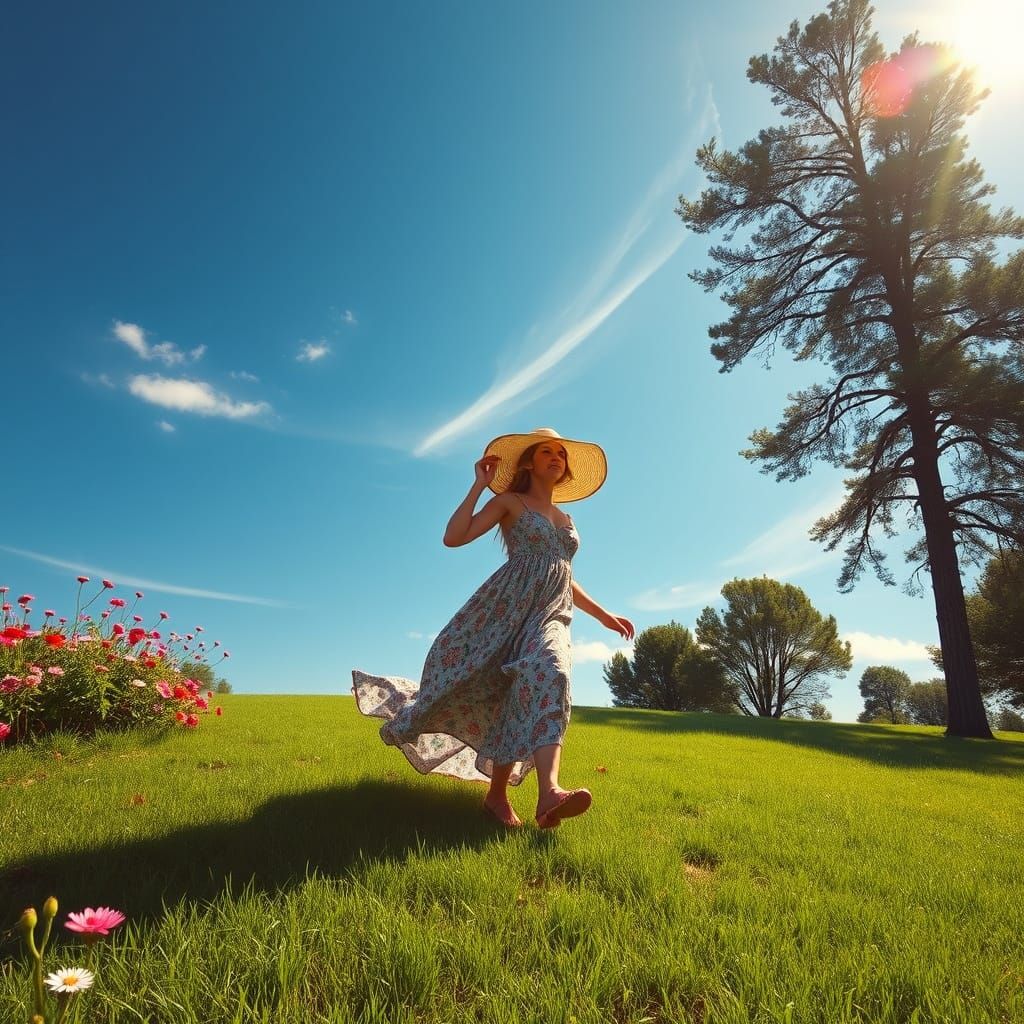 Woman Takes a Leisurely Stroll Through a Vibrant Wildflower ...
