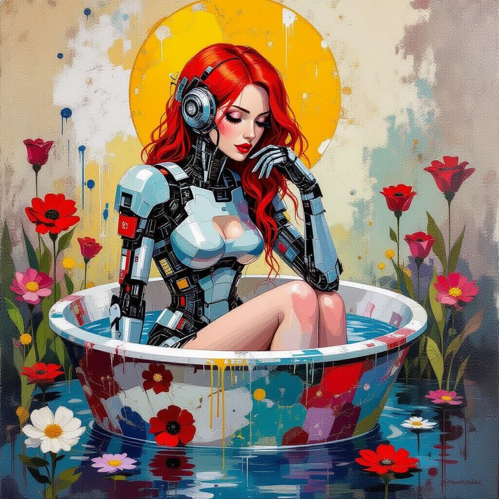 Bauhaus Cyborg Woman in Flower Bath Painting