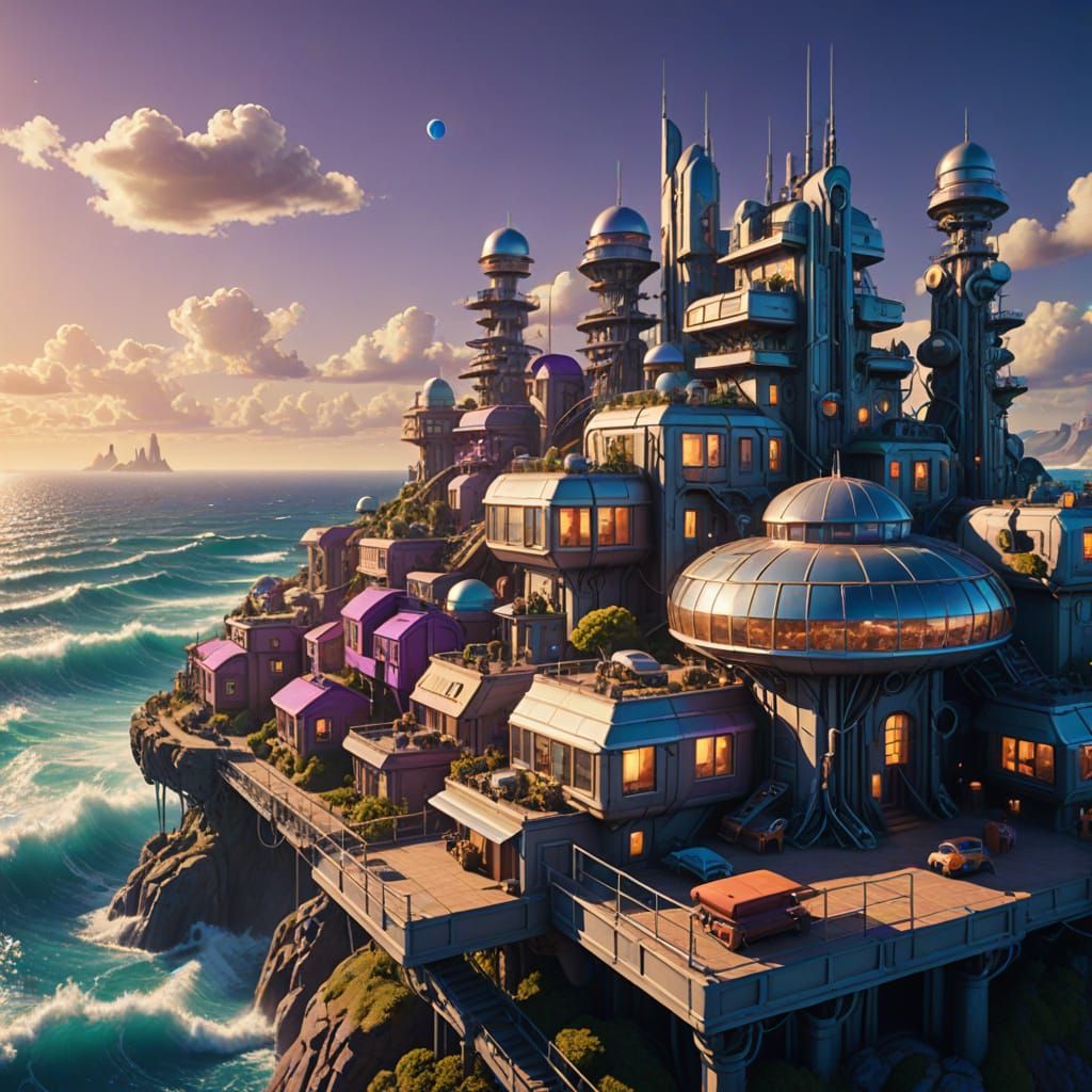 Retro Futurism Town on Ocean Waves Platform