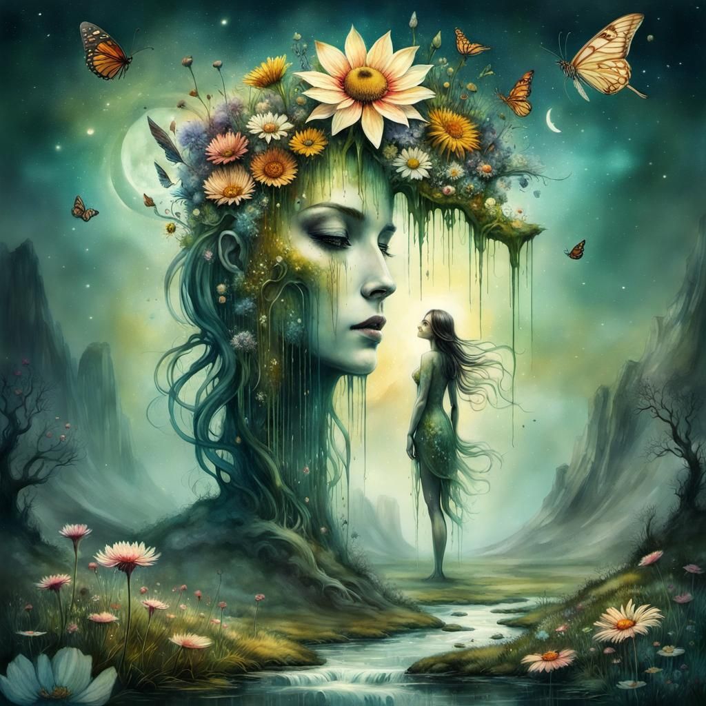 Surreal Flower Meadow Landscape in Watercolor Style