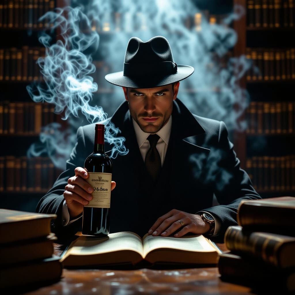 Noir Library Scene with Wine, Cinematic Lighting