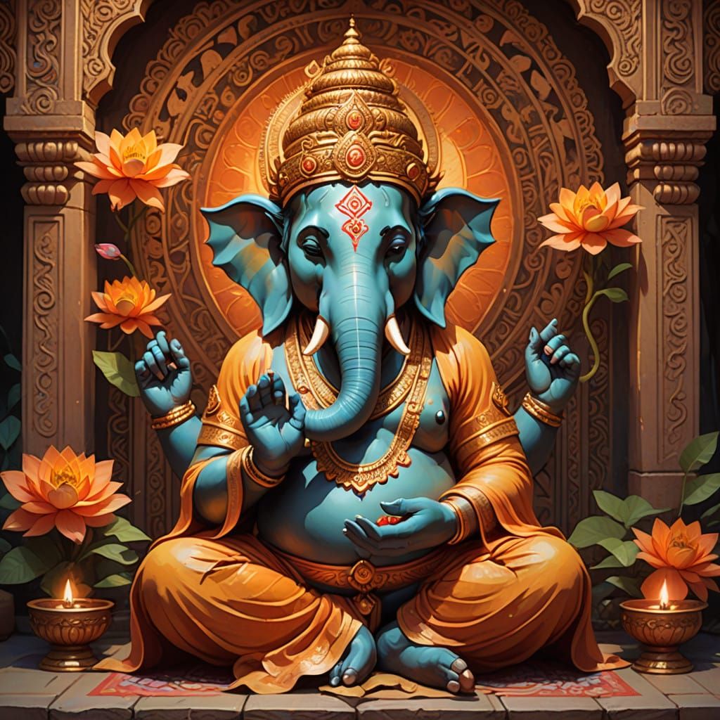 Golden Hindu God Ganesha in Serene Temple Setting
