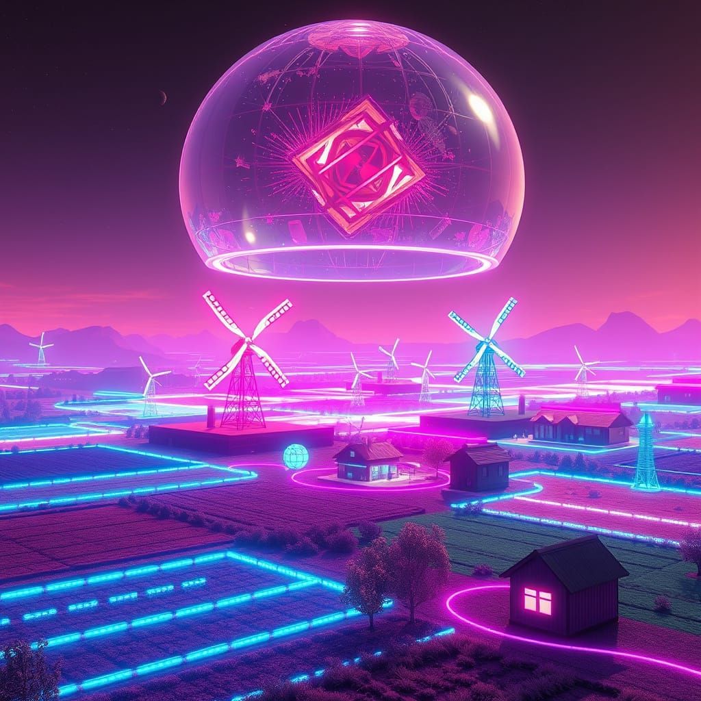 Cyberpunk Countryside with Neon Fields and Crystal Dome